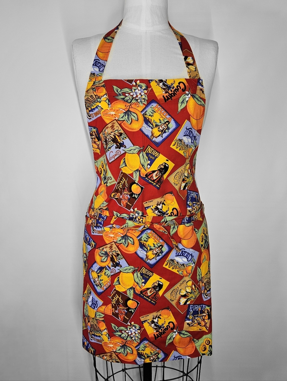 Apron Size S/M NEW Retro Orange Lemons Box Label Crocus Sunflower Seeds Handmade